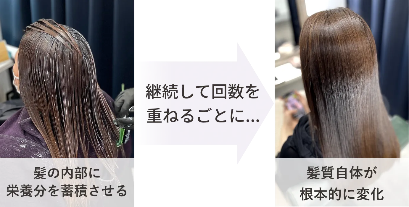 髪の内部に栄養分を蓄積させる,継続して回数を重ねるごとに...,髪質自体が根本的に変化